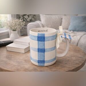 ✨🫖 Rae Dunn “UNWIND” Blue Gingham Mug – Cozy Cottage Vibes 🫖✨
